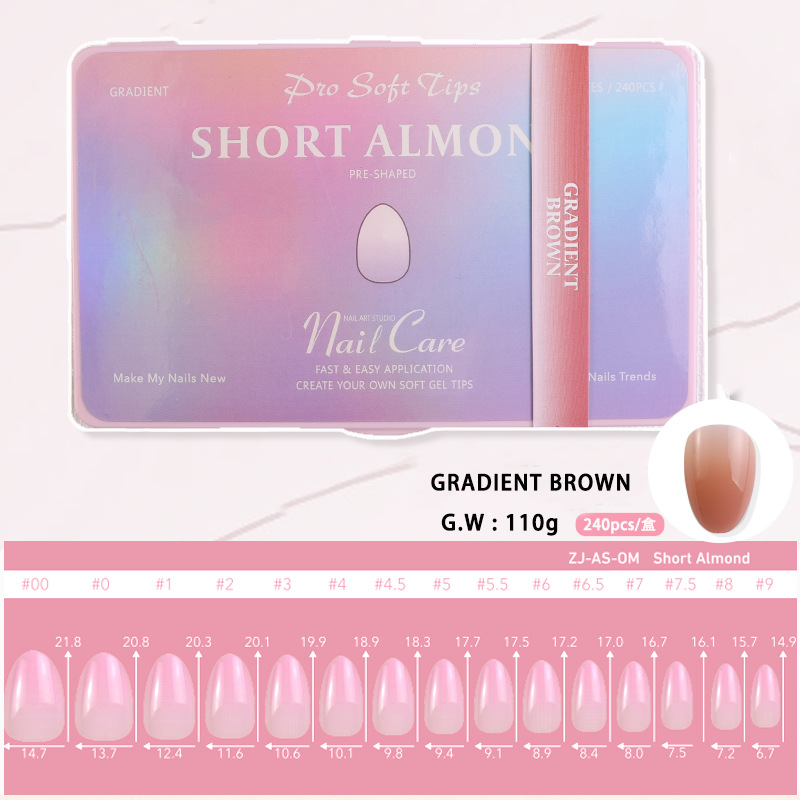 Armadura de almendra corta degradada 240 piezas de manicura en caja, alta permeabilidad, alta elasticidad, sin amarilleamiento, uñas postizas de alta gama