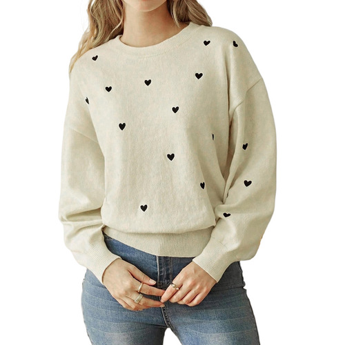 Amazon Western Autumn Cross-border Simple Style Matchable Knitted Hot Selling Cute Heart Crew Neck Sweater for Women