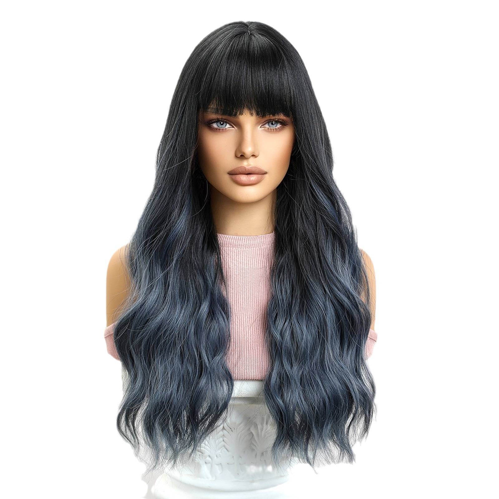 Peluca europea y americana, pelo largo femenino, grandes olas, flequillo de aire, gradiente azul, cubierta completa, seda mate de alta temperatura, wigs