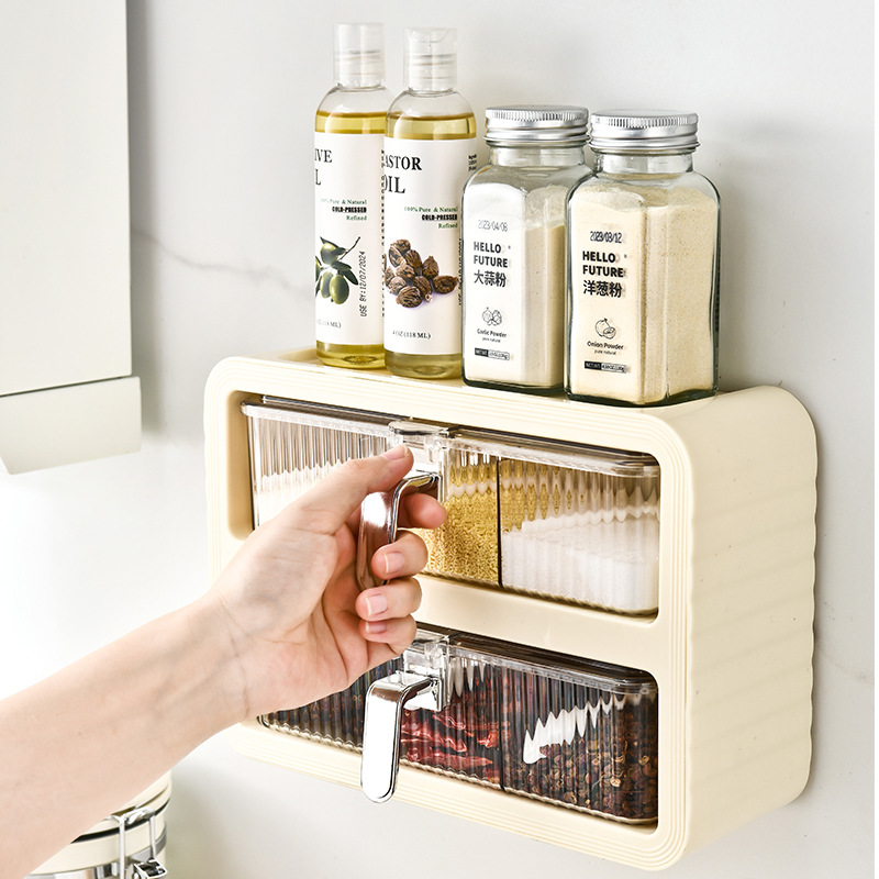 Wall-mounted spice rack household kitchen integrated multi-compartment storage salt and pepper seasoning bottle set combination salt container