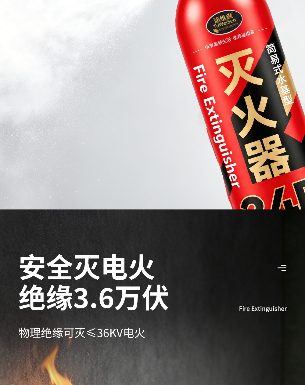 Tuweisen vehicle-mounted water-based fire extinguisher, household high-temperature resistant, electrically shock-safe, portable foam fire extinguisher for fire trucks