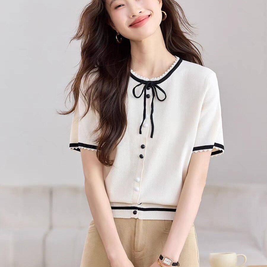 New Summer Bow Tie Short-Sleeved T-Shirt Women's Thin Knitted Knitwear Right Shoulder Top