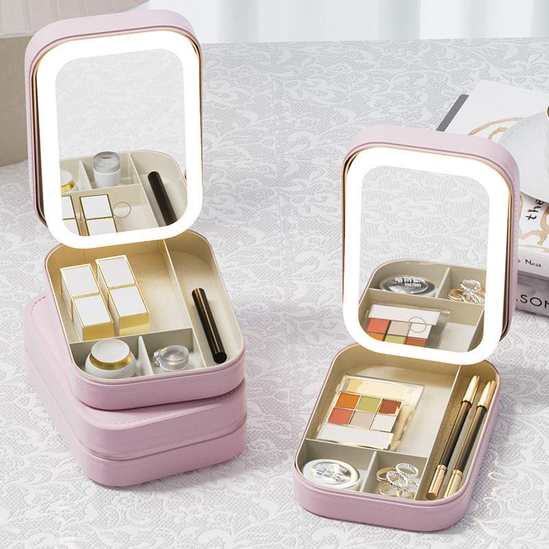 Black Foldable Travel Portable Storage Box with Light, Cosmetic Bag, Double-Layer Multi-Functional Mirror, Makeup Mirror, Led Black Foldable Travel Portable Storage Box with Light, Cosmetic Bag, Double-Layer Multi-Functional Mirror, Makeup Mirror, Led