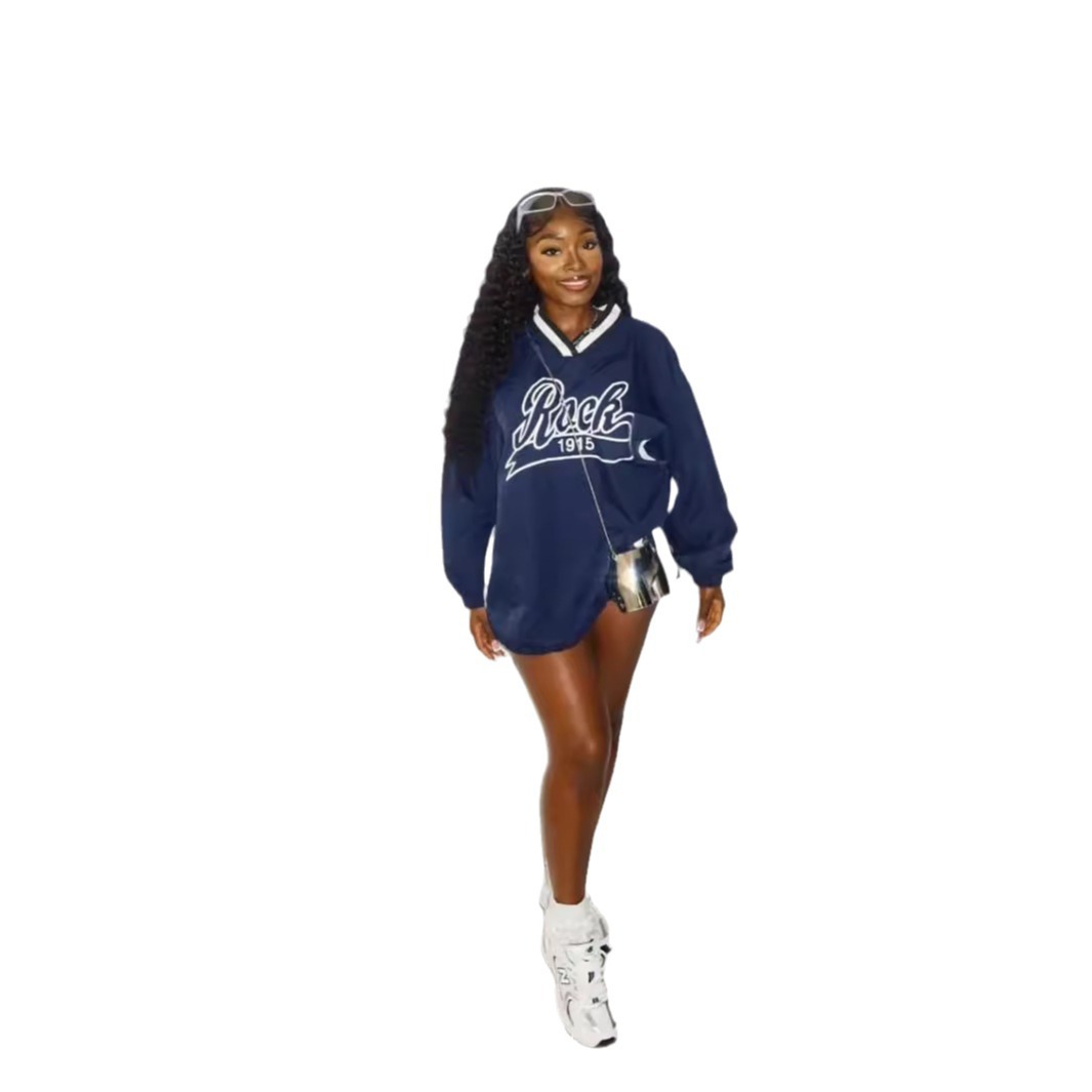 Felpa con scollo a V, stile americano, moda casual da strada, da donna, con stampa a lettere e blocchi di colore, ampia e larga_voghion.com