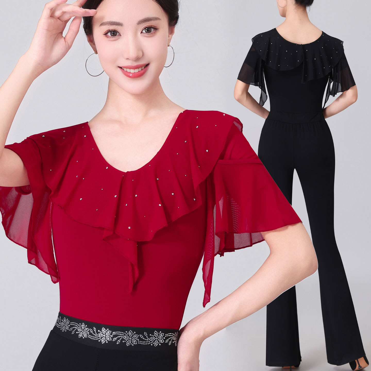 Women's short-sleeve Latin dance dress, ballroom dance modern dance dress, plus size national standard dance practice dress
