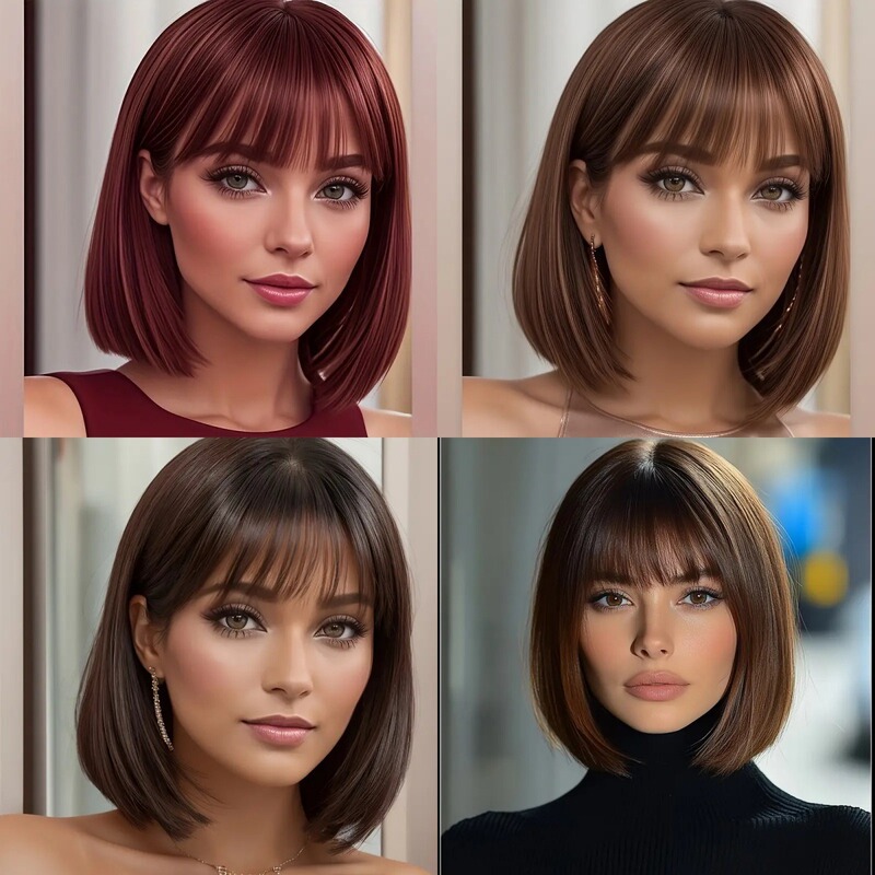 Amazon's New European and American Style Bob Wig with Air Bangs, Elegant Short Straight Hair, Full Wig