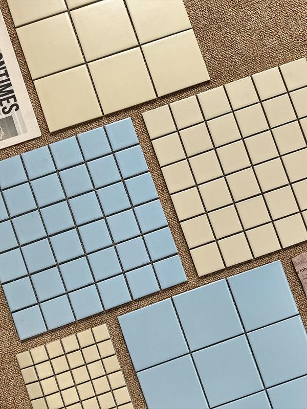 Sky Blue Plaid Mosaic Tiles Japanese Style Bathroom Kitchen Toilet Wall Tiles Cream Style Beige Square Tiles