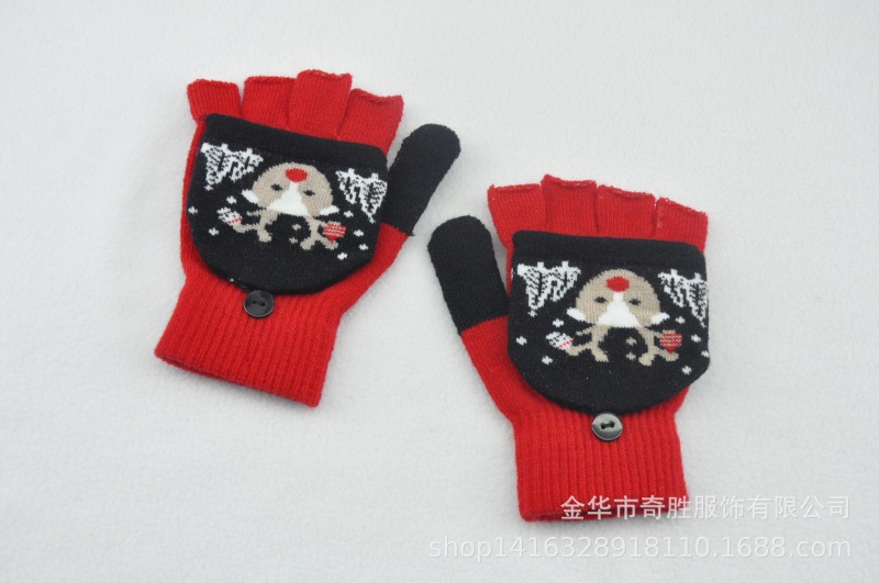 ハロウィーンクリスマス鹿雪だるまニットジャカード手袋冬防寒保温カバー半指手袋|undefined