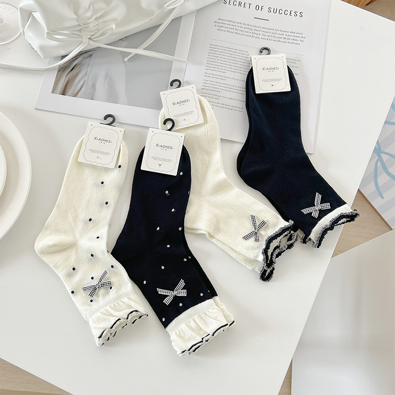 Zhuji Women's Spring and Summer Butterfly Knot Mid-Calf Socks Ins Small Perfume Wave Edge Cotton Socks Commuting Absorbent Breathable