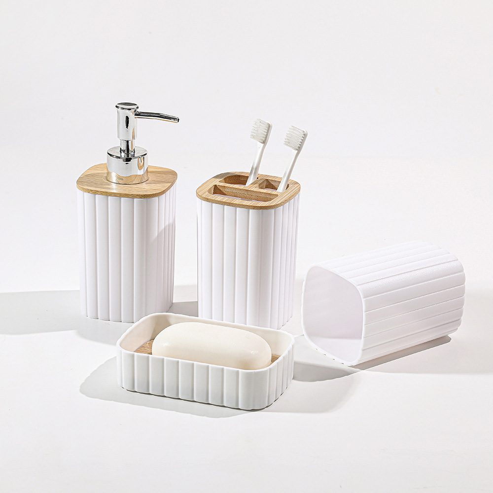 Baños de plástico a rayas transfronterizas cubierta de madera para lavar el hogar botella de emulsión boca taza de caja de jabón hotel set de 4 piezas