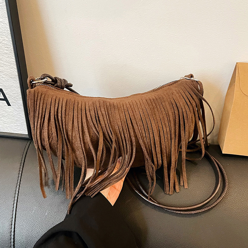 American Bohemian Tassel Bag Retro Frosted Pu Fashion Sexy Shoulder Bag Amazon Crossbody Croissant Bag