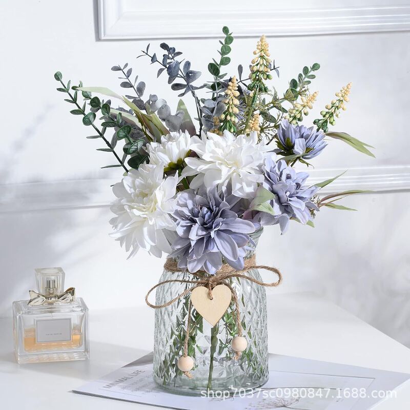 Cross-Border Ins-Style Artificial Dahlia Bouquet Desktop Decoration for Living Room, Gift Decoration, Iron Art Glass Vase Set Manufacturer
