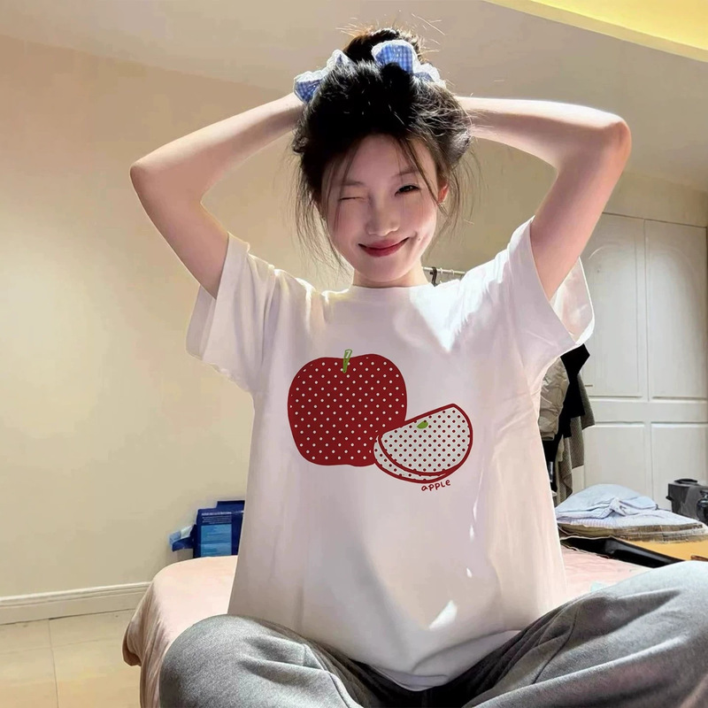 Korean-style apple print summer round-neck T-shirt for women, trendy brand, loose fit, slimming, cartoon short-sleeve, new summer top