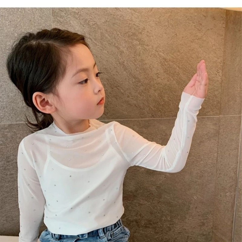 (2개) 소녀 투명 메쉬 상단 선 스크린 긴팔 울트라 얇은 레이스 중공 티셔츠 흑백 핫 드릴링 베이스 셔츠 6