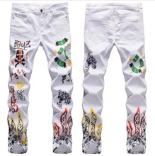 时尚潮流男士白色弹力印花牛仔裤 非主流个性休闲长裤子潮欧美风