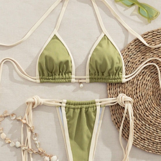 2025 Cross-Border New Swimsuit Female Sexy Suspender Pure Color Split Three-Point Bikini European and American Export Swimsuit