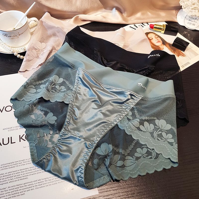 High-end satin light luxury lace large size waist underwear ladies hip breathable net yarn cotton crotch briefs