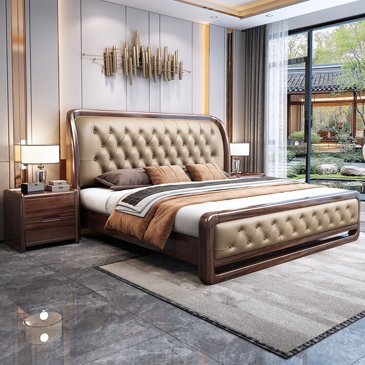 New Chinese-Style Golden Sandalwood Solid Wood Bed 1.8m Master Bedroom Leather Soft Backrest Double Bed 1.5m Air Pressure High Box Drawer Bed New Chinese-Style Golden Sandalwood Solid Wood Bed 1.8m Master Bedroom Leather Soft Backrest Double Bed 1.5m Air Pressure High Box Drawer Bed