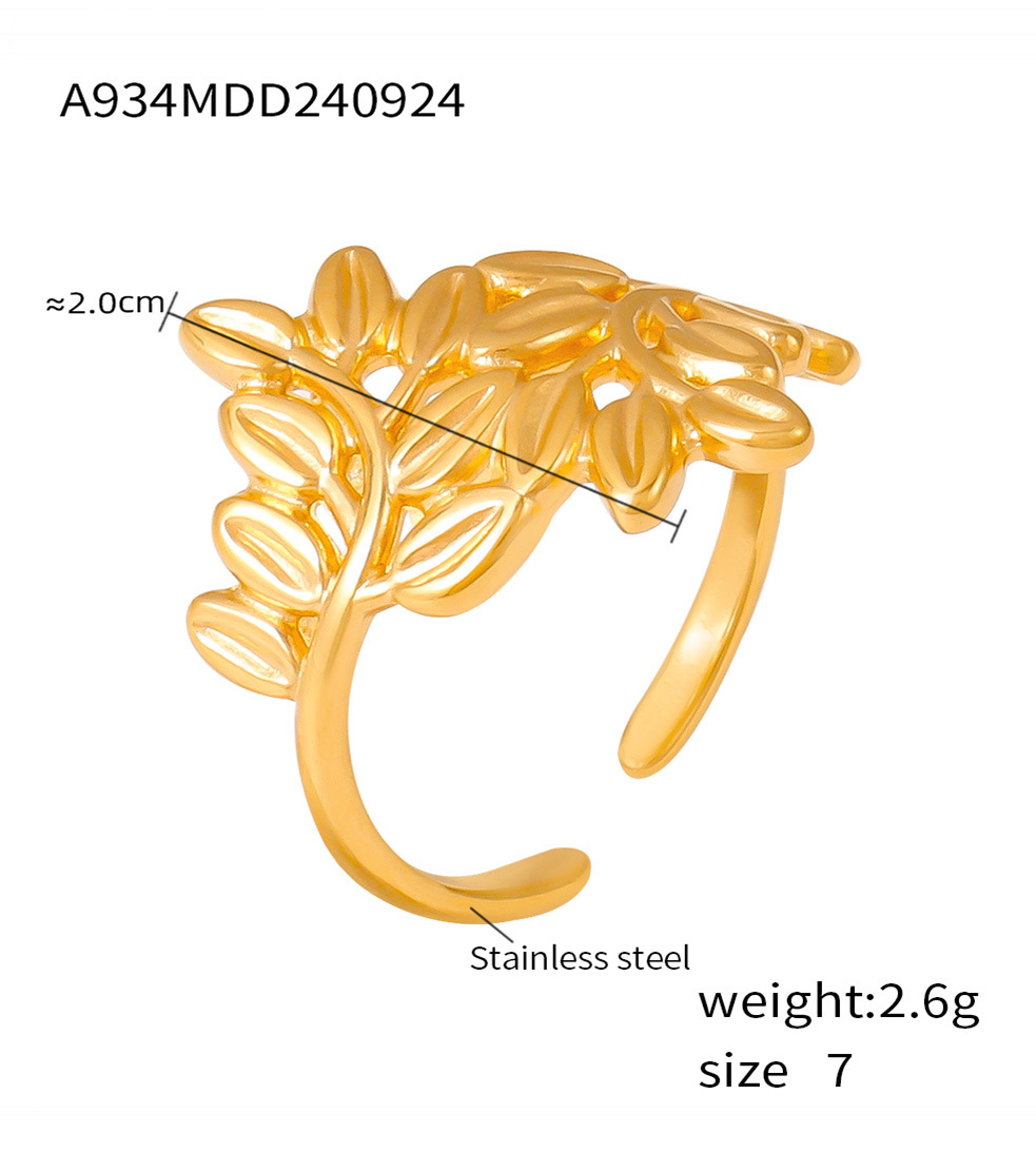 Anello aperto in acciaio inossidabile con linea cava, alla moda, non sbiadisce, bracciale con anello da donna con foglia di temperamento_voghion.com