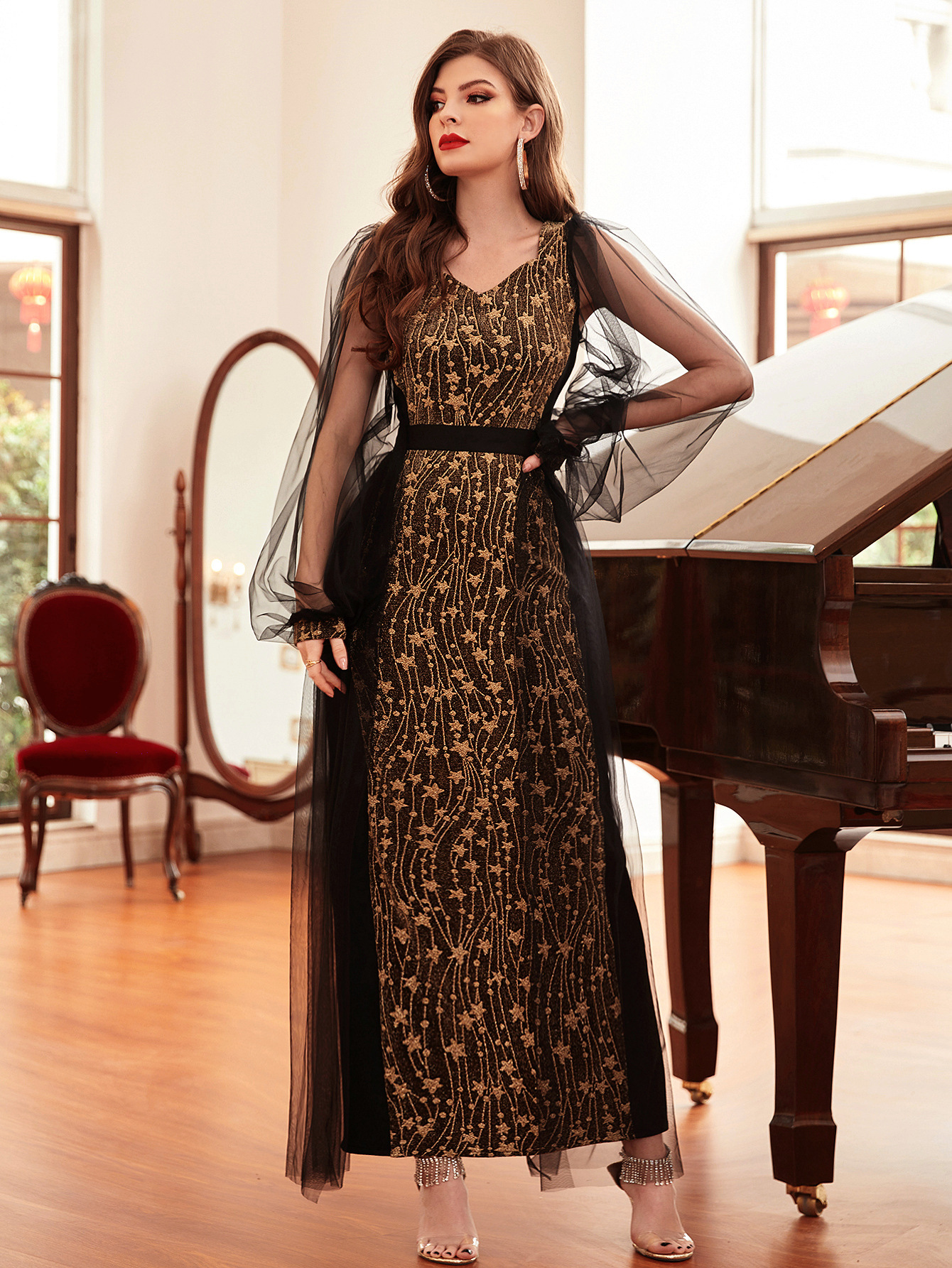 High elastic gold jacquard knitted mesh sleeves design dress long skirt party dress_autovado.com