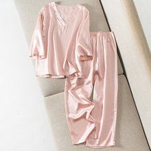 真丝睡衣套装女夏新款桑蚕丝纯色薄款v领套头长袖长裤简约家居服