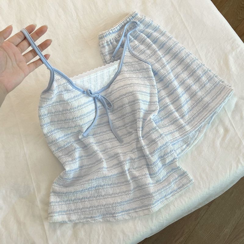 甜美条纹蕾丝睡衣女款夏季2025新款带胸垫吊带背心短裤家居服套装|undefined