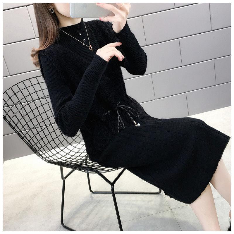 ニットドレススーツ女性の秋服 2025 新しい模造ミンクベルベットベストロングセータードレスツーピーススーツ|undefined