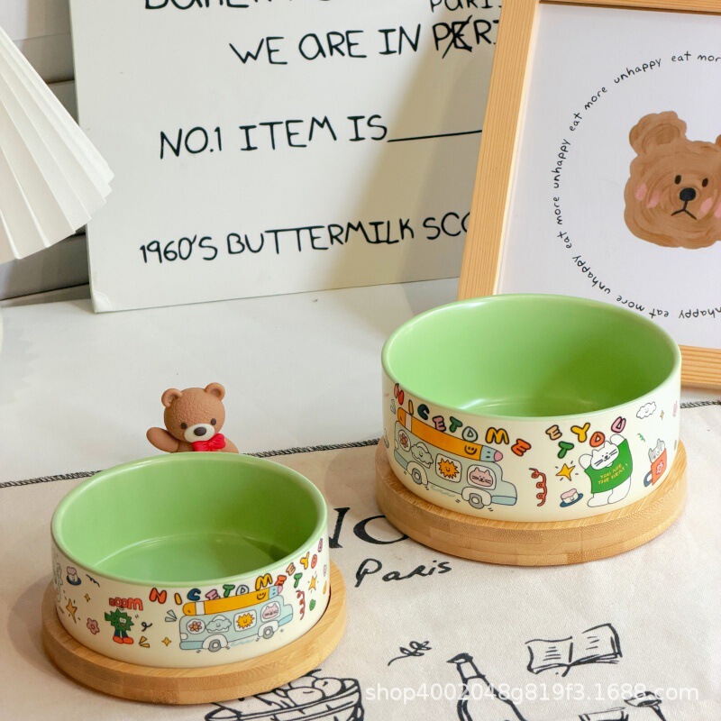 Cartoon Cat Bowl, Ceramic Neck-Protecting Cute Pet Food Bowl, Wooden Base Dog Food Bowl, Small Dog Drinking Bowl, Anti-Spill