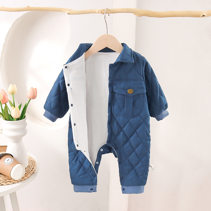 Bebé escalada Otoño e Invierno ropa de una sola pieza acolchado engrosado Denim mameluco hombres y mujeres bebé algodón cálido mameluco
