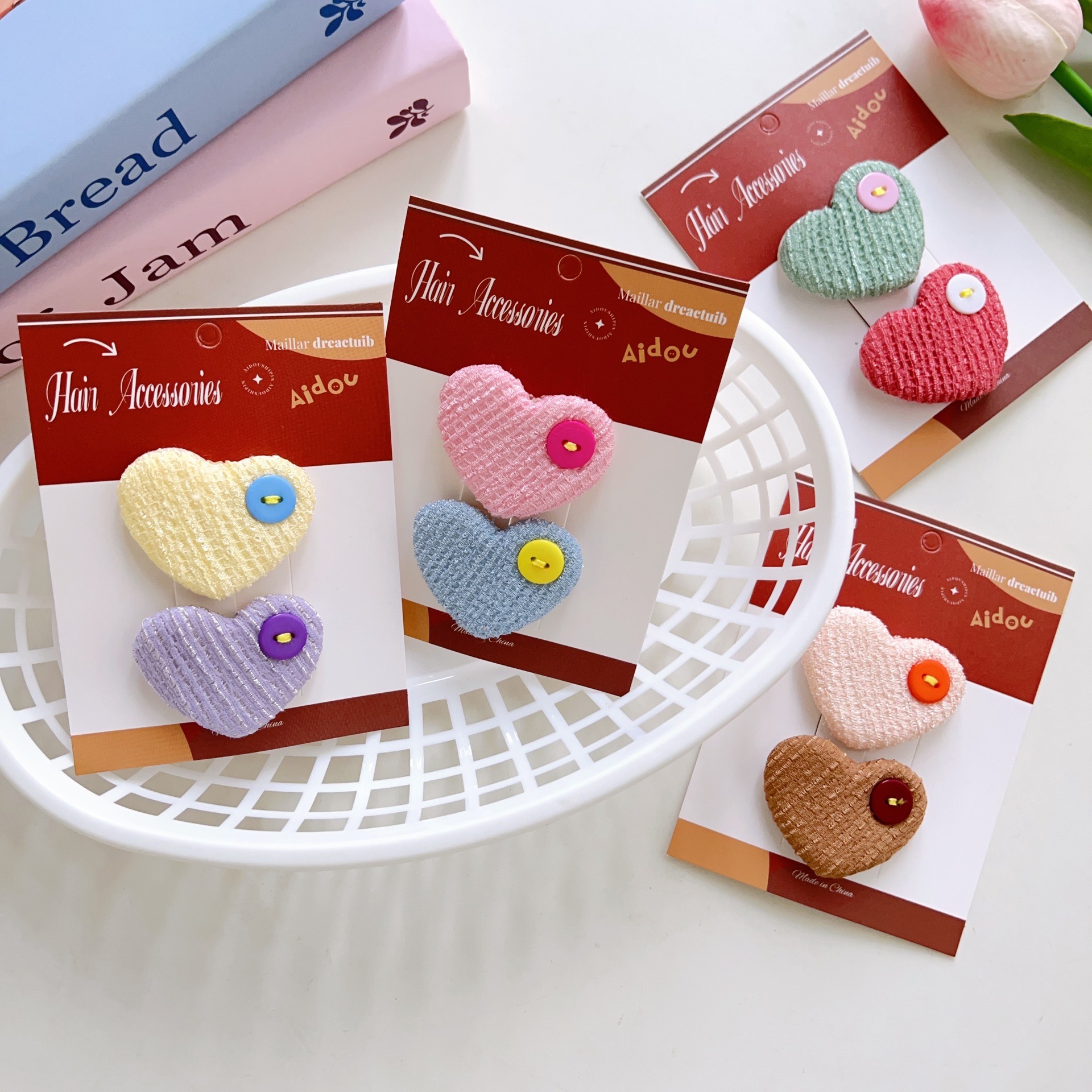 韓版甜美糖果色紐扣布藝愛心bb夾少女心發卡側邊夾劉海夾兒童髮飾