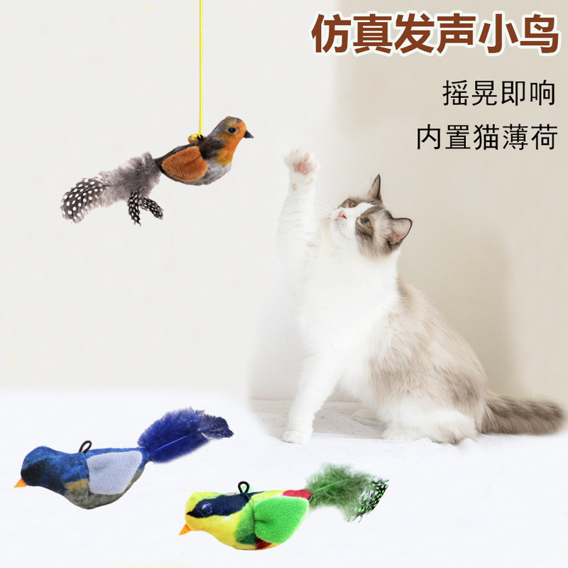 Cat Toy with Realistic Sounding Bird, Bite-Resistant Self-Entertaining Chirping Bird, Hanging Feather Sound Teaser Cat Stick Pet Toy