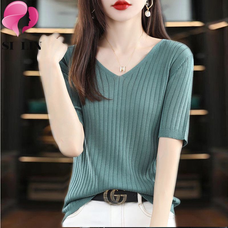 New short-sleeved women's V-neck knitted T-shirt vest women's Tencel bottoming lyocell loose fat people belly covering top women