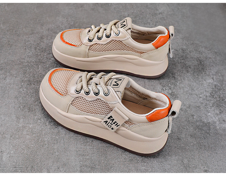 Giày sneaker nữ đế dày da bò thật lỗ thoáng khí phong cách retro — màu be chi tiết 11