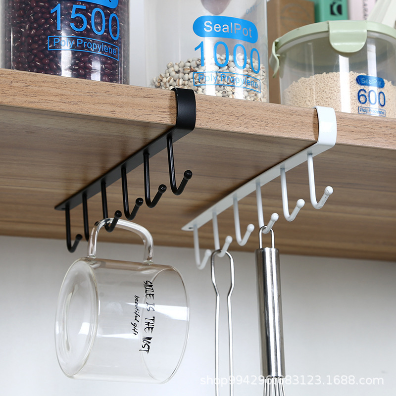 Kitchen Iron Adhesive Hooks, Traceless Nail-Free Hooks, Multi-Row Cabinet Storage Hanging Rack Hooks, Wardrobe 6-Hook Multi-Row Storage