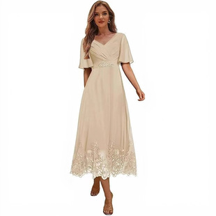 European and American Export 2025 New Banquet Party Evening Dress Simple and Fashionable Double V Neck Bell Sleeve A-Line Dress for Women