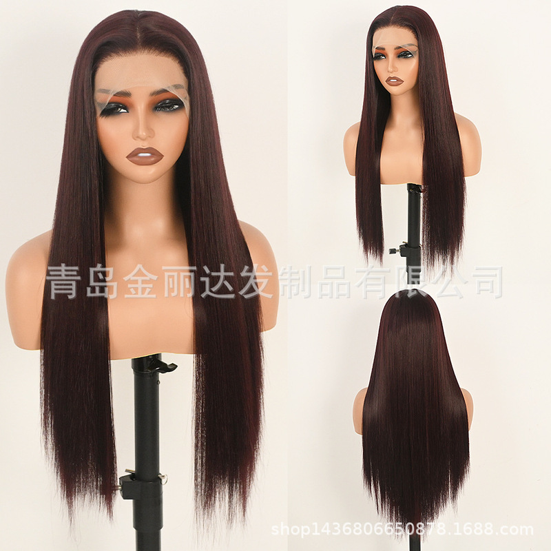 European and American Style Long Straight Hair Wig for Women, Burgundy 99J Synthetic Fiber High-Temperature Silk Hand-Tied Front Lace Wig, Cross-Border Direct Sales