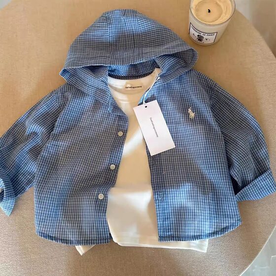 Children's Thin Coat 2025 Spring and Summer Korean Plaid Sun Protection Clothing for Boys and Girls Baby Hooded Shirt Children's Cardigan Trendy