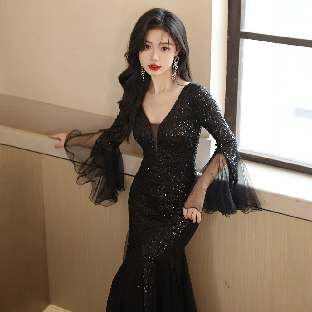 New Black Evening Gown For Women Elegant Luxurious Niche Style Mermaid Fit Long Dress With Sequins_ecoleips.com