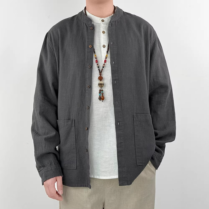 26Cy01 High-End Cotton and Linen Long-Sleeved Shirt for Men, Ramie Casual Linen Men's Jacket, Stand-Up Collar Shirt, Premium Linen Fashion