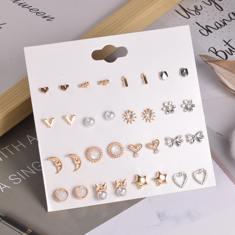 Fashion Trend Simple Love Butterfly Star Moon Flower Geometric Diamond Pearl Earrings 16 Pair Combination Set display picture 2