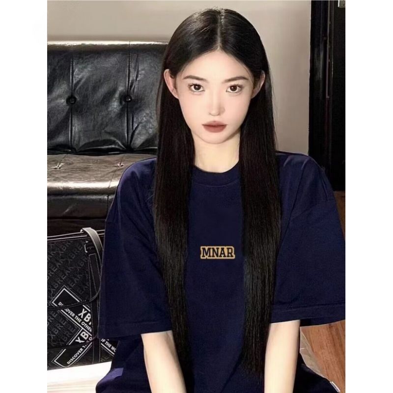 100% pure cotton navy blue simple short-sleeve t-shirt for women, couple's wear, summer loose-fitting American retro Hong Kong style chic top 100% pure cotton navy blue simple short-sleeve t-shirt for women, couple's wear, summer loose-fitting American retro Hong Kong style chic top