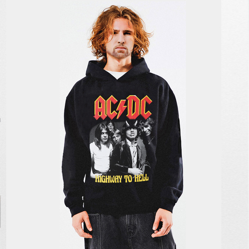 European and American Men's Hip-Hop American Retro Rock Acdc Band Character Print Hooded Sweatshirt Hoodie