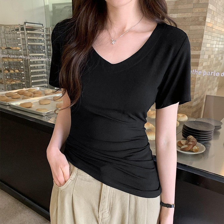 Simple and pure tight waist V-neck short-sleeved T-shirt for women 2024 Summer new ins shoulder slim-fit slimming top