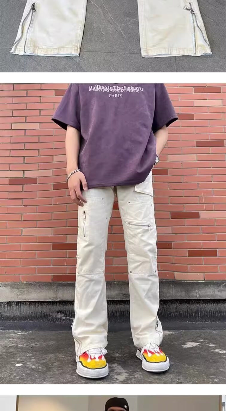 Unisex Boyfriend Style White Denim Jeans Rivet Design Straight Leg Trendy Floor Length Pants American High Street_mkmklike.com