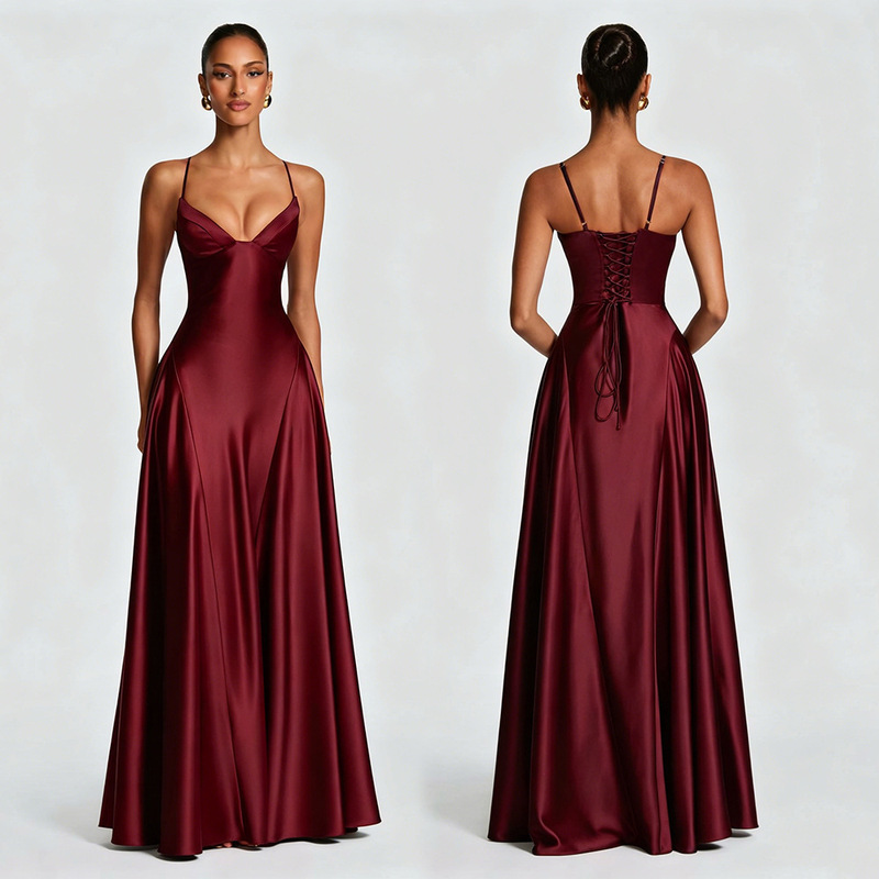 2026 New European and American Cross-Border Satin Strap Waist-Cinching Long Evening Dress with Deep V-Neck and Large Hem, Elegant Dinner Gown