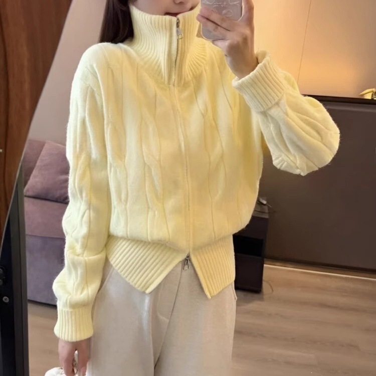Solid color, double-tufted, cable-knit, high-neck, loose-fitting outerwear cardigan, women's warm sweater with a stylish design