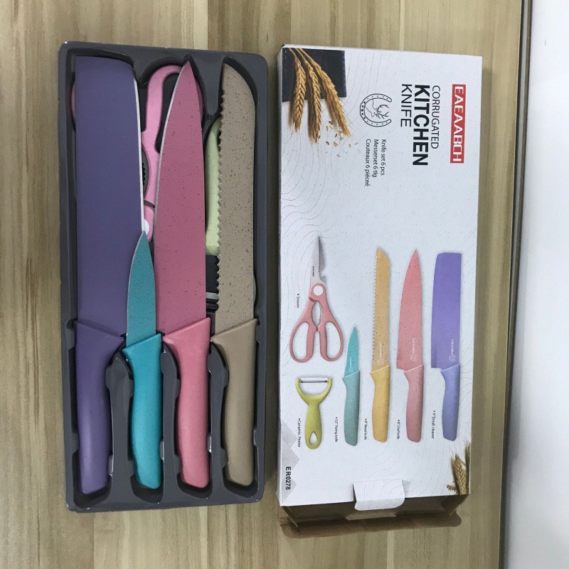 Comercio exterior transfronterizo exportación conjunto de cuchillos de cocina de paja de trigo de color seis piezas de cocina combinación de cuchillos de pintura de color
