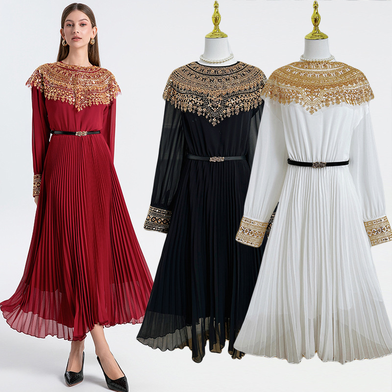 593 Pleated Belt Gold Beaded Sequin Shawl with Chiffon Pleated Large Hem Dress