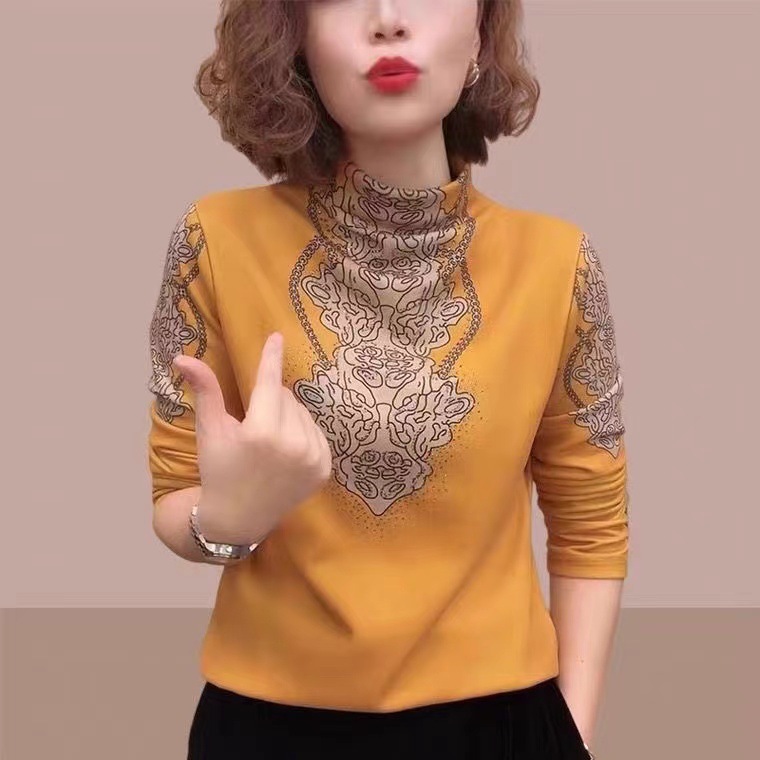 Langärmliges T-Shirt, Mutter kleidung im westlichen Stil, Herbst und Winter, neues warmes Temperament mittleren Alters und ältere Menschen, bedrucktes halbhohes Kragen boden hemd