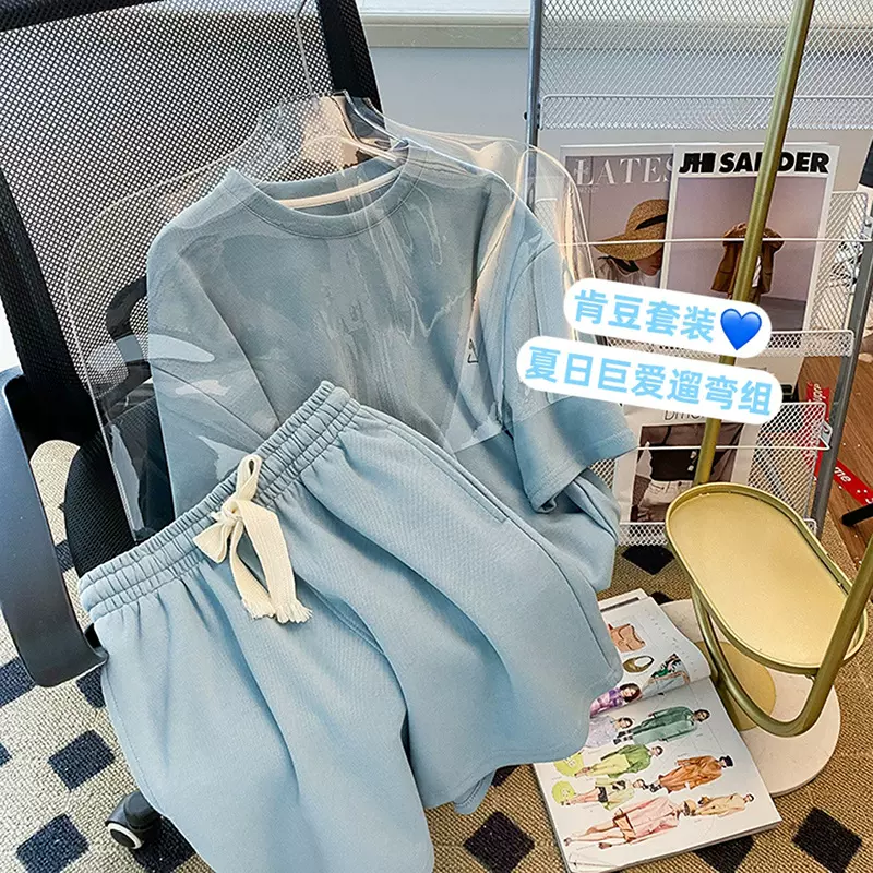 休闲运动时尚套装女夏季2025新款短袖字母T恤上衣抽绳短裤两件套